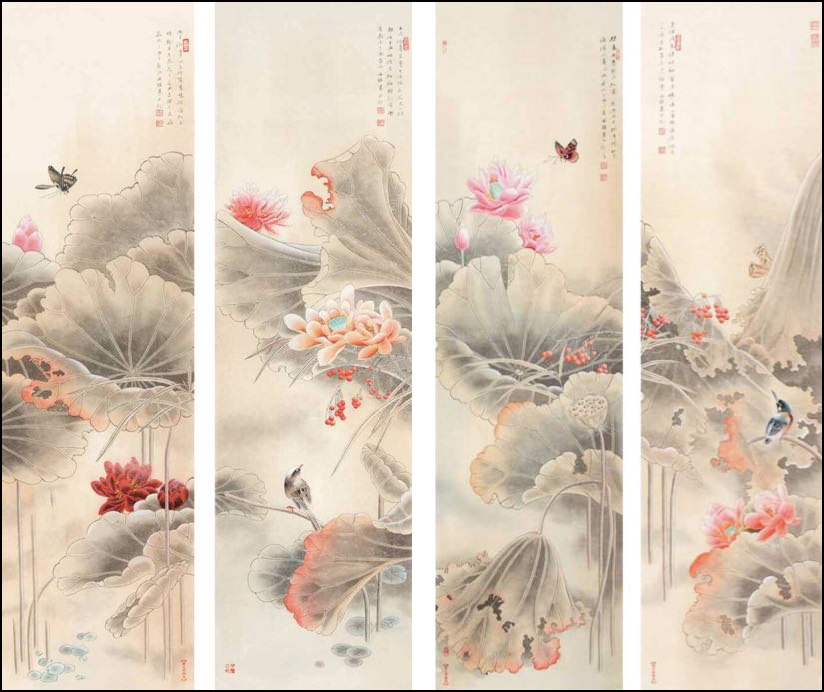 尺寸:180X45cmX4。材料:纸本:创作年代:2016年初秋。名称:清秋荷䪨